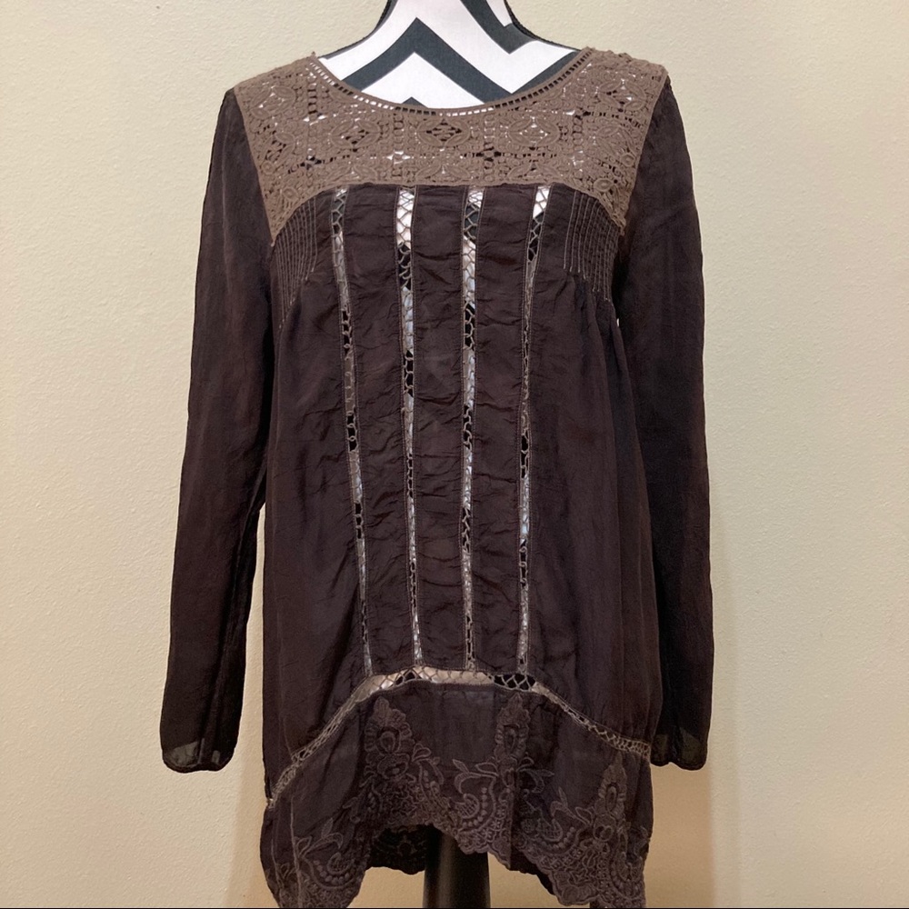 Johnny Was Brown Embroidered Crochet Boho Top